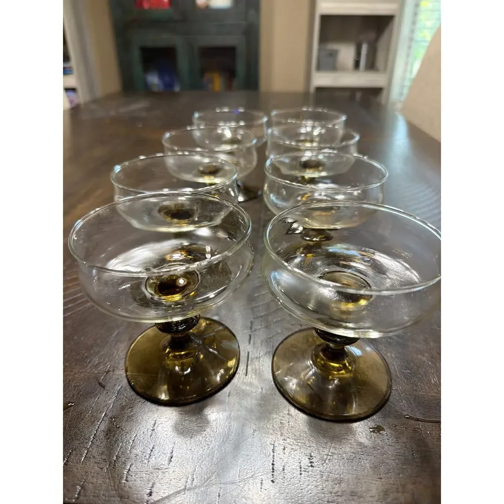 Set of 8 Vintage Smoked Amber Glass Sherbet Dessert Cups Sundae Parfait Goblets
